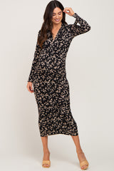 Black Printed Long Sleeve Ruched Maternity Dress