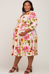 Cream Floral Wrap Front Sash Waist Maternity Plus Midi Dress