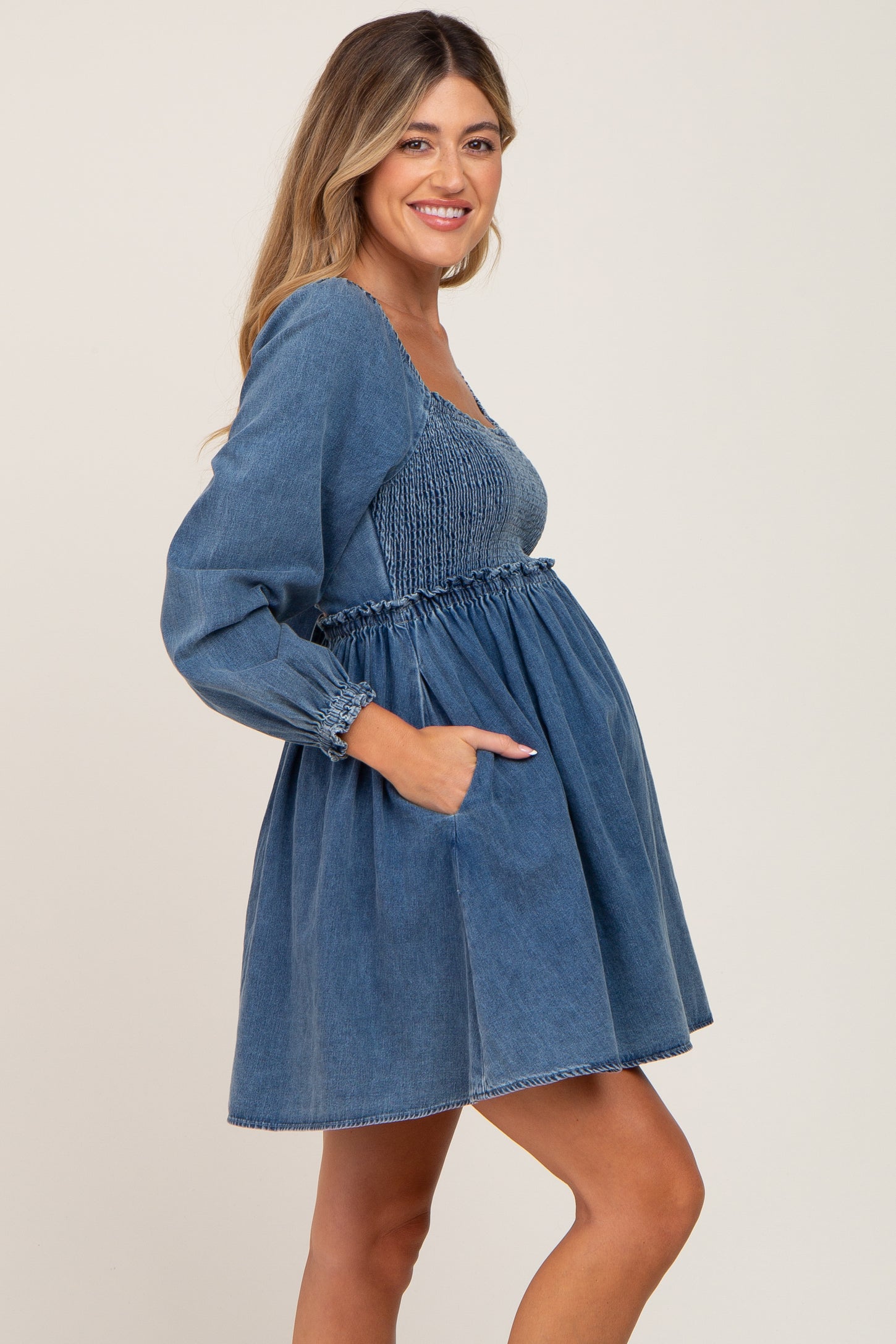 Blue Denim Smocked Maternity Mini Dress
