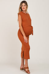 Rust Fitted Side Slit Maternity Midi Dress
