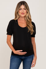 Black Ribbed Puff Sleeve Maternity Top