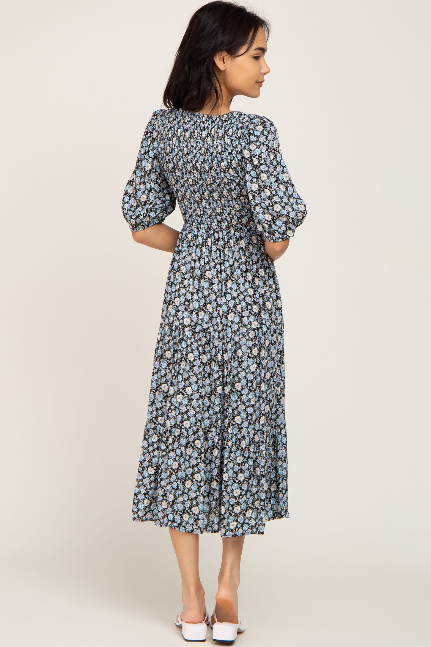 floral smocked tiered midi dress Astrid Smocked Floral Print Tiered Midi Dress