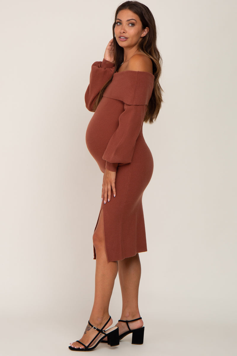 maternity sweater dress off the shoulder Rust Off Shoulder Maternity Sweater Dress – PinkBlush