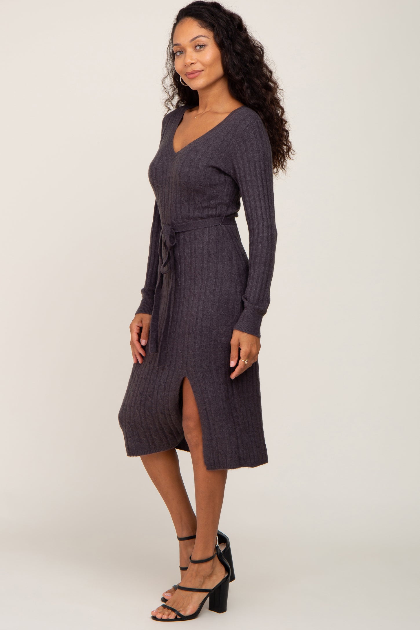 Charcoal Brushed Cable Knit Sweater Dress