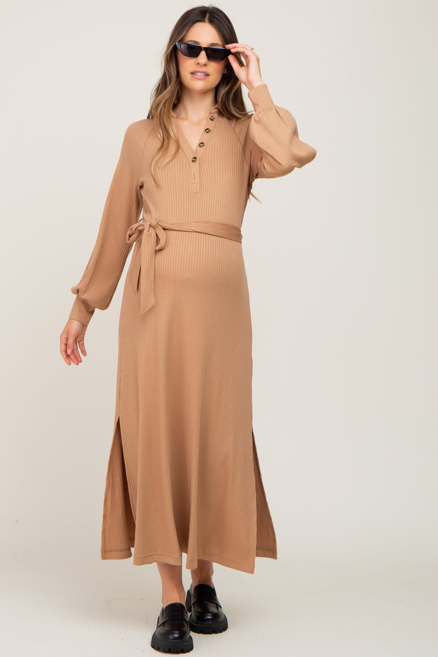 Taupe Button Accent Collared Maternity Maxi Dress