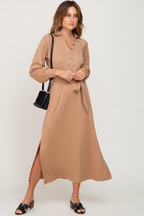 Taupe Button Accent Collared Maternity Maxi Dress