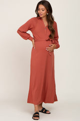 Rust Button Accent Collared Maternity Maxi Dress