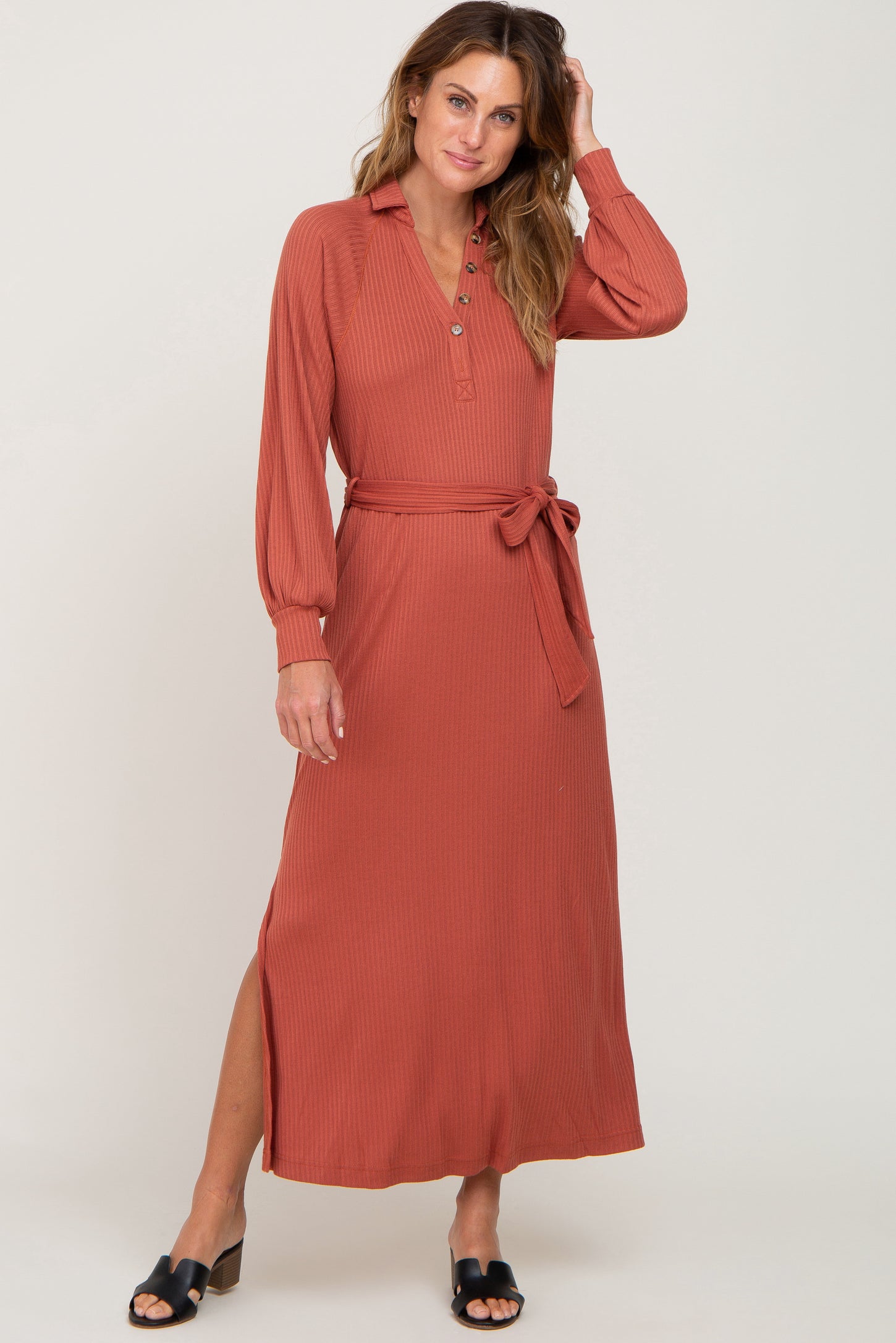 Rust Button Accent Collared Maternity Maxi Dress
