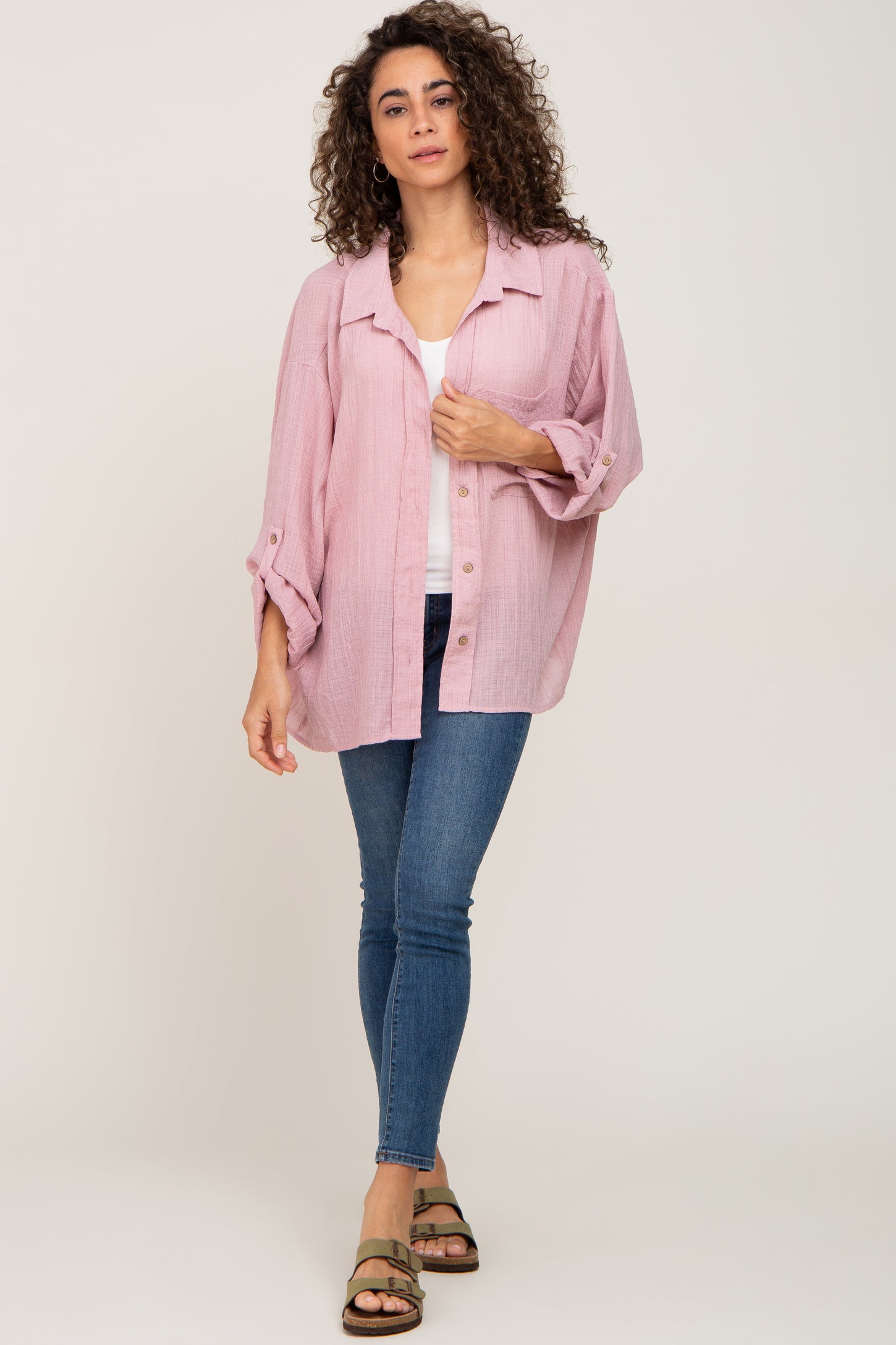 Mauve Rolled Cuff Button Down Blouse