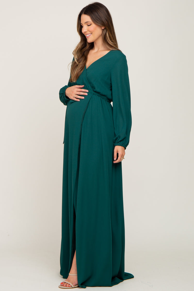 Forest Green Wrap Front Chiffon Maternity Gown– PinkBlush