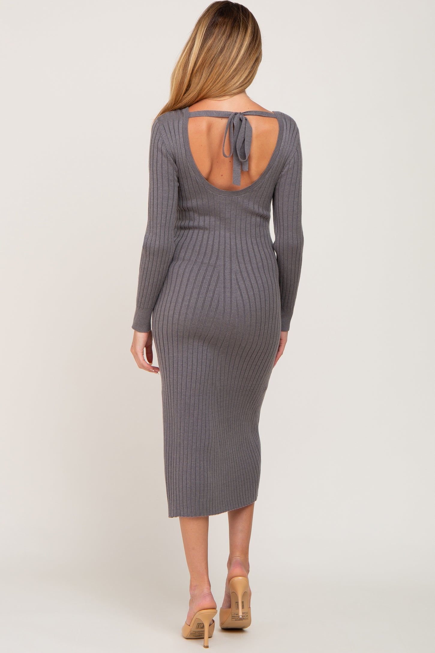 Grey Ribbed Side Slit Maternity Midi Sweater Dress