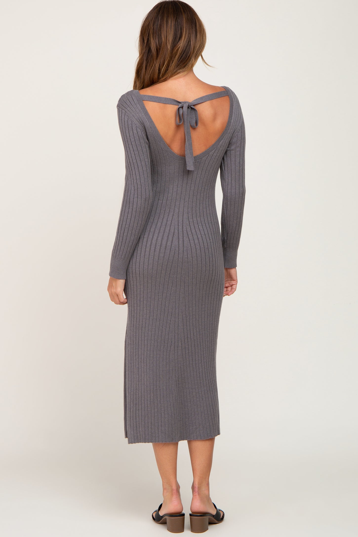 Grey Ribbed Side Slit Midi Sweater Dress