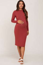 Rust Mock Neck Fitted Maternity Dress