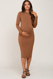 Camel Mock Neck Fitted Maternity Dress