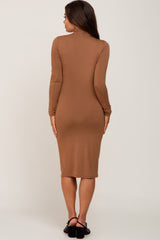 Camel Mock Neck Fitted Maternity Dress