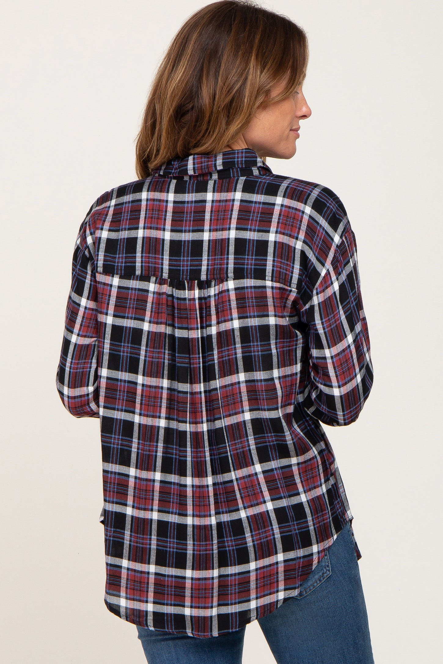 Black Plaid Button Up Long Sleeve Top