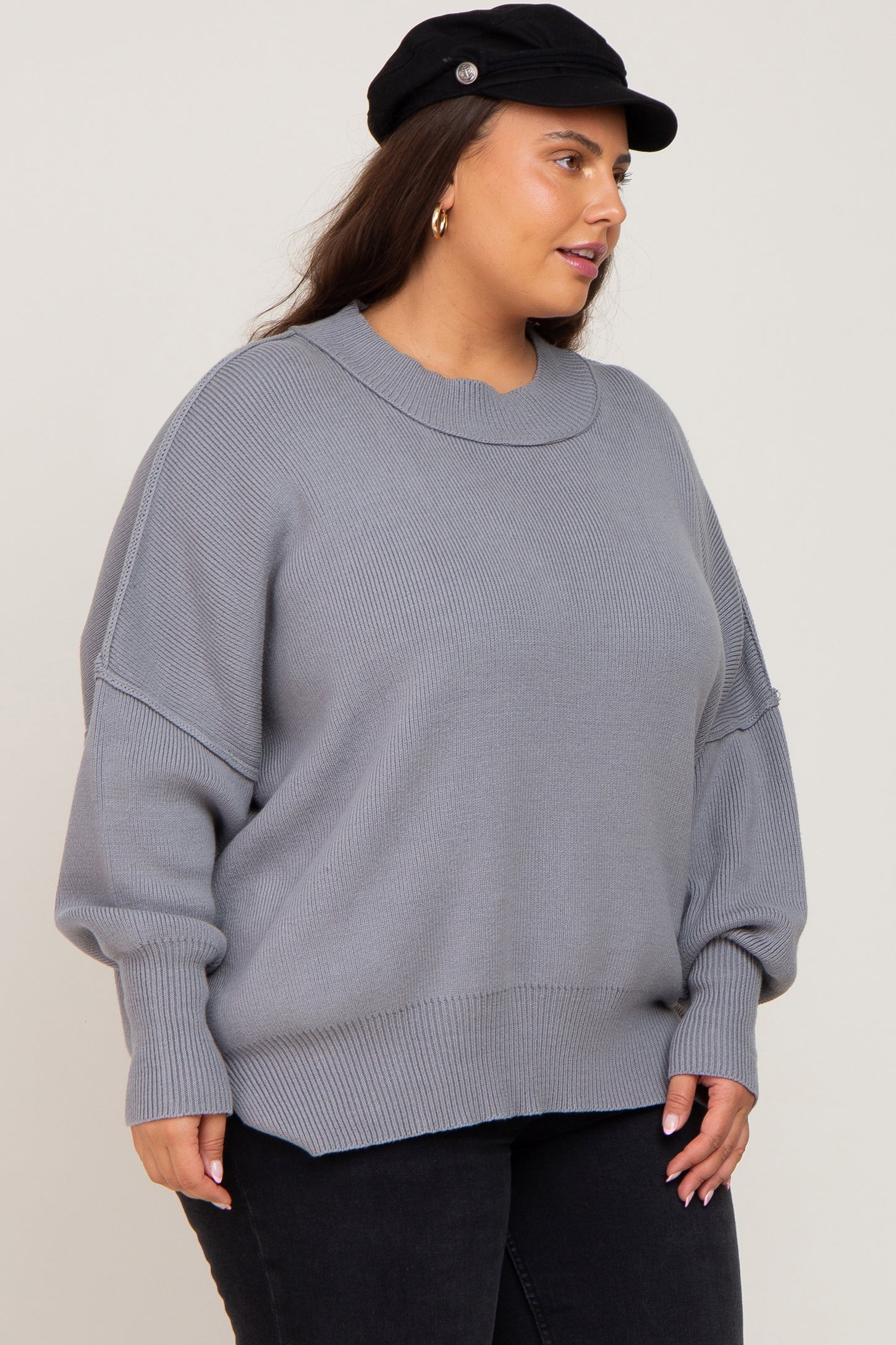 Grey Mock Neck Exposed Seam Plus Sweater