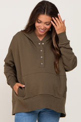 Olive Button Front Ribbed Trim Hooded Maternity Sweatshirt