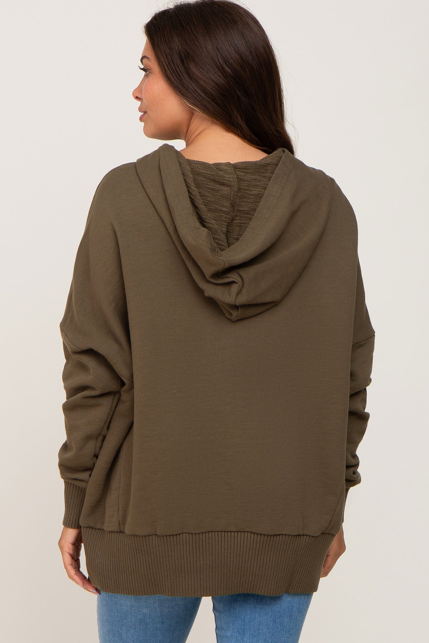 Olive Button Front Ribbed Trim Hooded Maternity Sweatshirt– PinkBlush