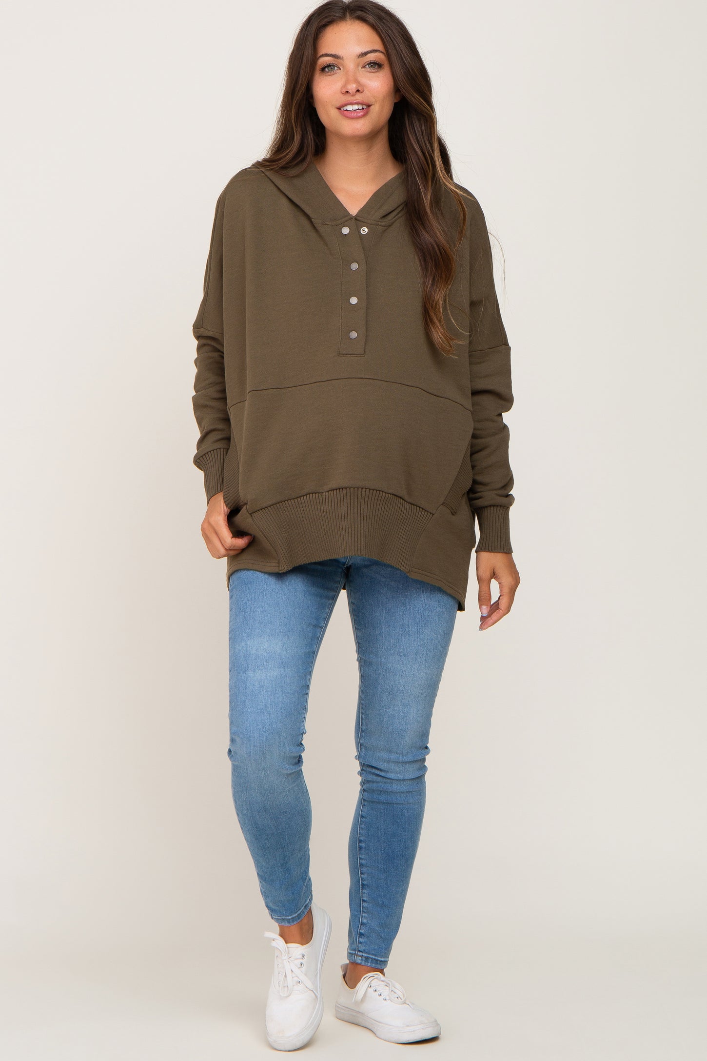 Olive Button Front Ribbed Trim Hooded Maternity Sweatshirt