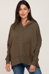 Olive Button Front Ribbed Trim Hooded Sweatshirt