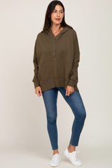 Olive Button Front Ribbed Trim Hooded Sweatshirt