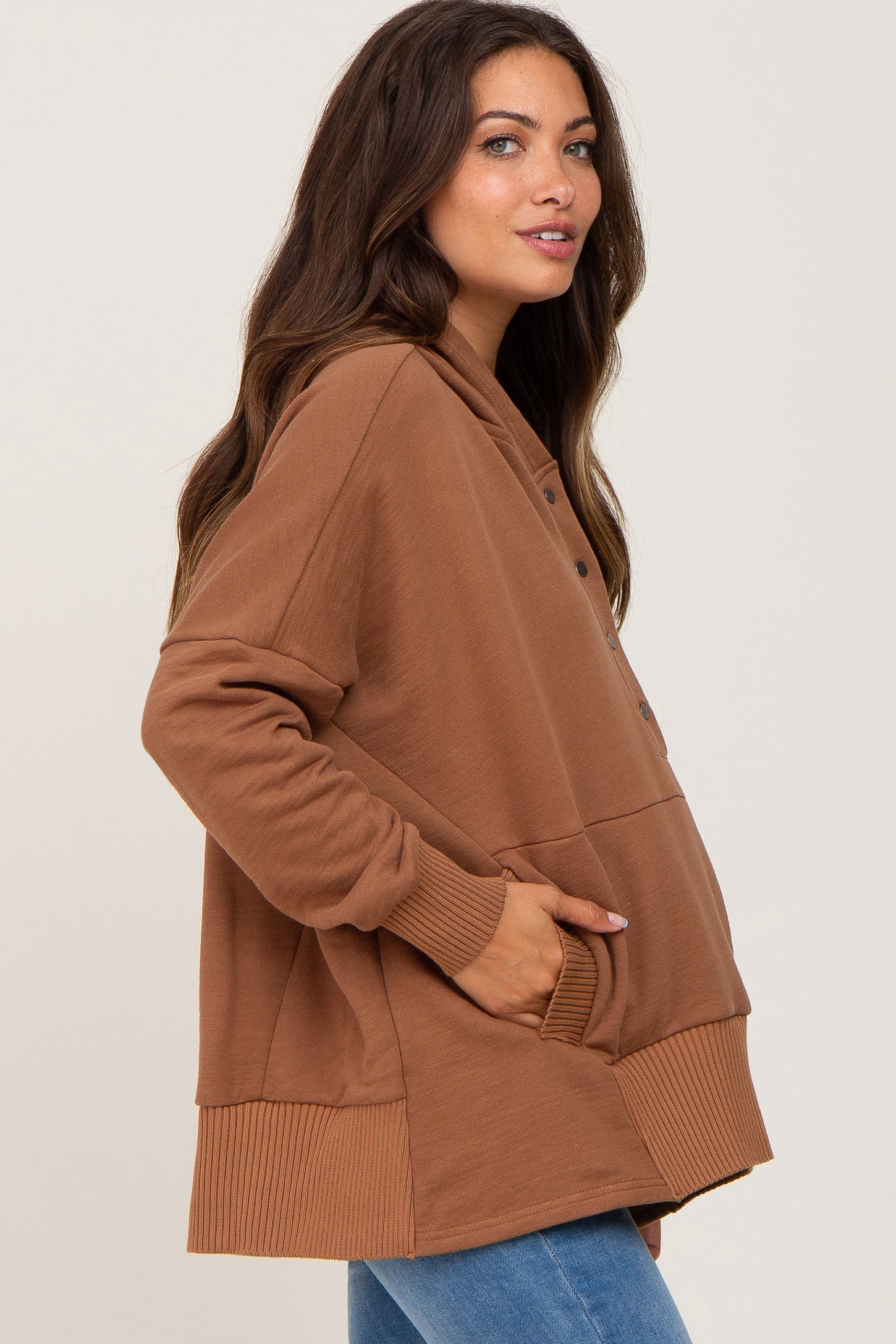 Camel Button Front Ribbed Trim Hooded Maternity Sweatshirt
