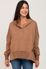 Camel Button Front Ribbed Trim Hooded Maternity Sweatshirt