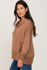 Camel Button Front Ribbed Trim Hooded Sweatshirt