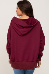 Burgundy Button Front Ribbed Trim Hooded Maternity Sweatshirt