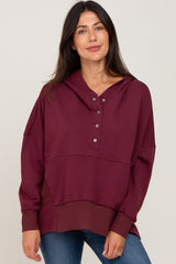 Burgundy Button Front Ribbed Trim Hooded Maternity Sweatshirt
