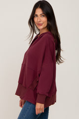 Burgundy Button Front Ribbed Trim Hooded Sweatshirt