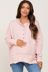Light Pink Button Front Ribbed Trim Hooded Maternity Sweatshirt