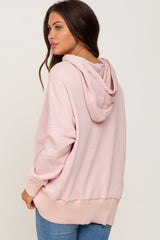 Light Pink Button Front Ribbed Trim Hooded Maternity Sweatshirt