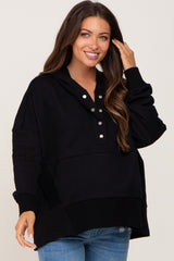 Black Button Front Ribbed Trim Hooded Maternity Sweatshirt