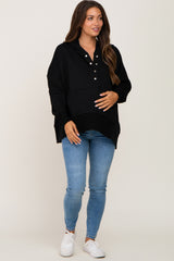 Black Button Front Ribbed Trim Hooded Maternity Sweatshirt