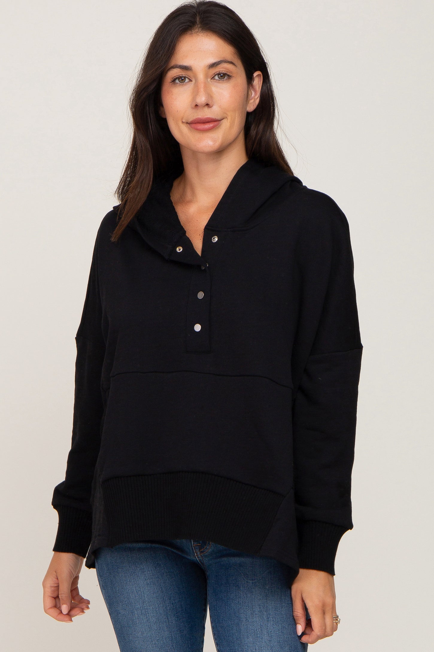 Black Button Front Ribbed Trim Hooded Sweatshirt