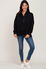 Black Button Front Ribbed Trim Hooded Sweatshirt