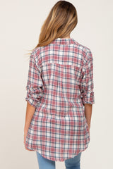 Red Plaid Rolled Cuff Flannel Maternity Top