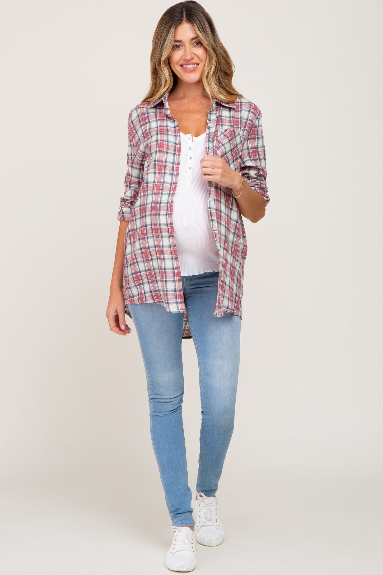 Red Plaid Rolled Cuff Flannel Maternity Top