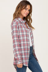 Red Plaid Rolled Cuff Flannel Top