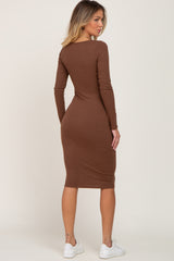 Brown Ribbed Front Drawstring Midi Dress