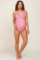 Pink Floral Ruffle Maternity One-Piece Swimsuit