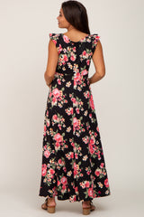 Black Floral Flutter Sleeve Maternity Maxi Dress