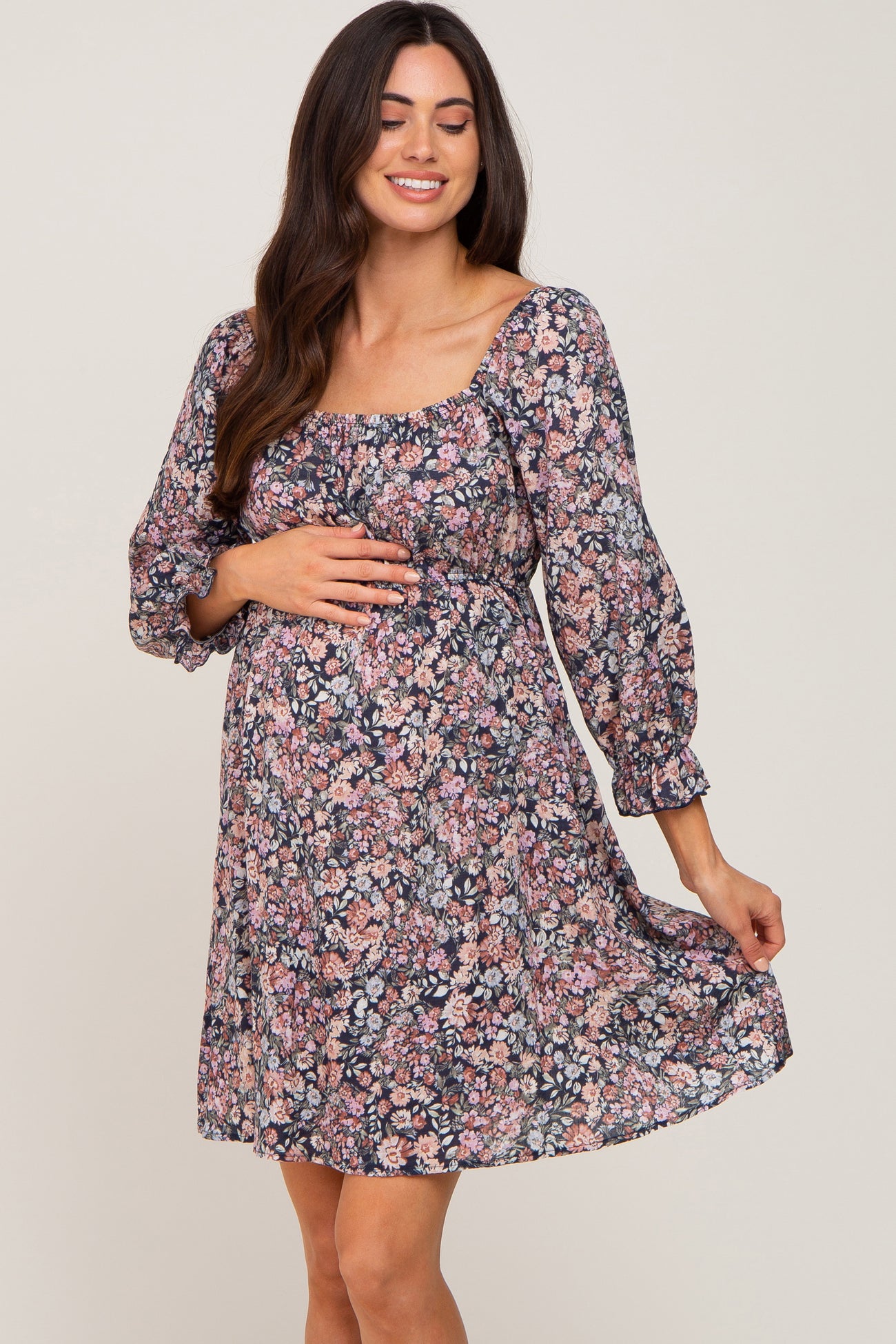 Navy Blue Floral Bubble Sleeve Maternity Dress– PinkBlush