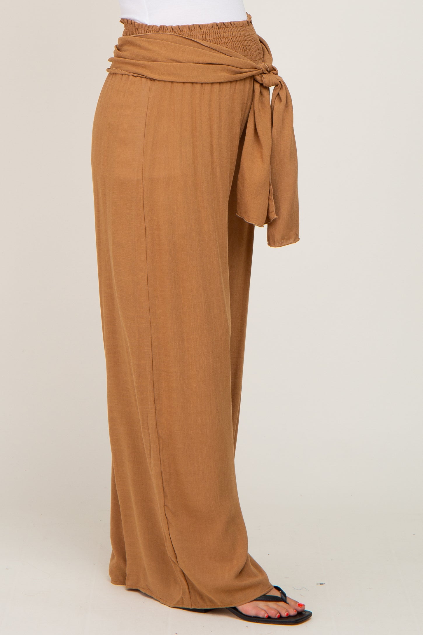 Camel High Waist Tie Front Wide Maternity Pants