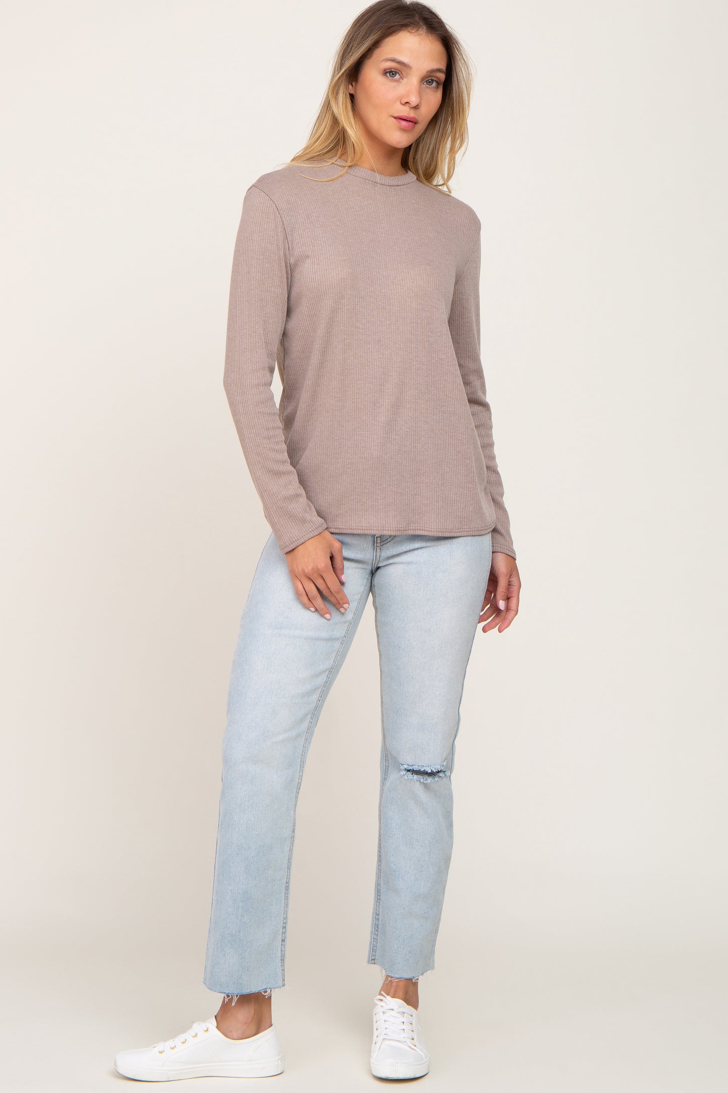 Taupe Basic Ribbed Long Sleeve Top