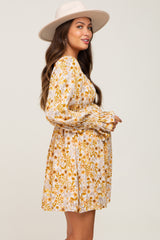 Gold Floral Button Front Long Sleeve Maternity Dress