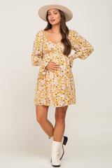 Gold Floral Button Front Long Sleeve Maternity Dress