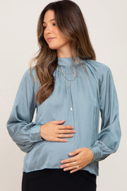 Light Blue Satin Maternity Long Sleeve Blouse